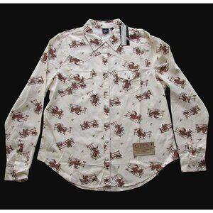 Cruel Denim Women's Long Sleeve Western Rodeo Print Snap Shirt Cream